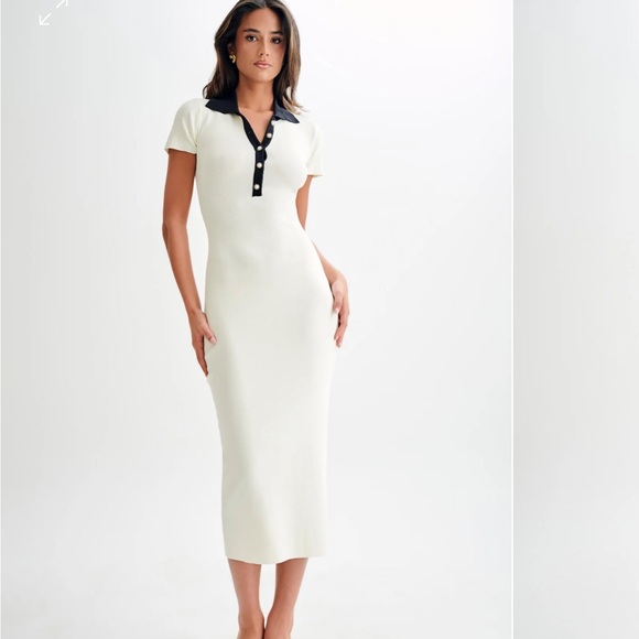 Meshki Dresses & Skirts - Meshki White Midi Dress with Black Contrast Collar